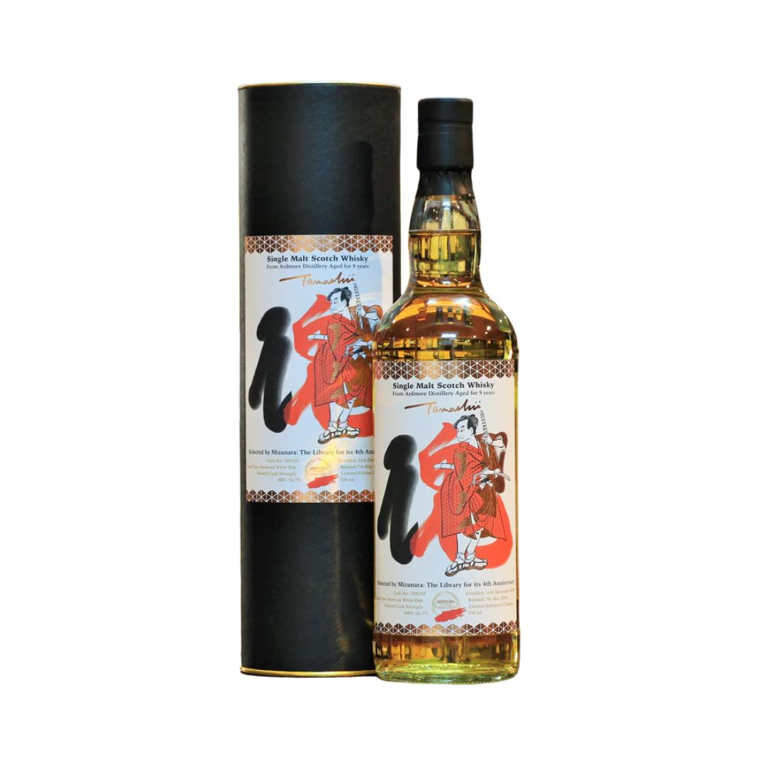 Ardmore Scotch whisky- Tamashii (魂) means soul or spirit in Japanese, and this exclusive bottling was released by MIZUNARA to celebrate its 4th anniversary. Aged for 9 years in a refill bourbon barrel, this Ardmore single cask whisky is a limited edition of only 251 bottles worldwide, with a label designed by Japanese artist Kenro Shinchi.