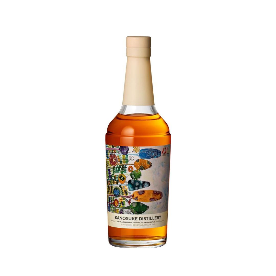 This Kanosuke Single Cask Whisky aged for 58 months (i.e. about 4.8 Years) in a first fill Rye Cask from Knob Creek, has been selected by and bottled exclusively for MIZUNARA's 10th Anniversary. The label designed by Artist Saumya Bharati is a vivid celebration of colors capturing the joy and beauty of nature while also representing the vibrant explosion of flavors in this bottling.