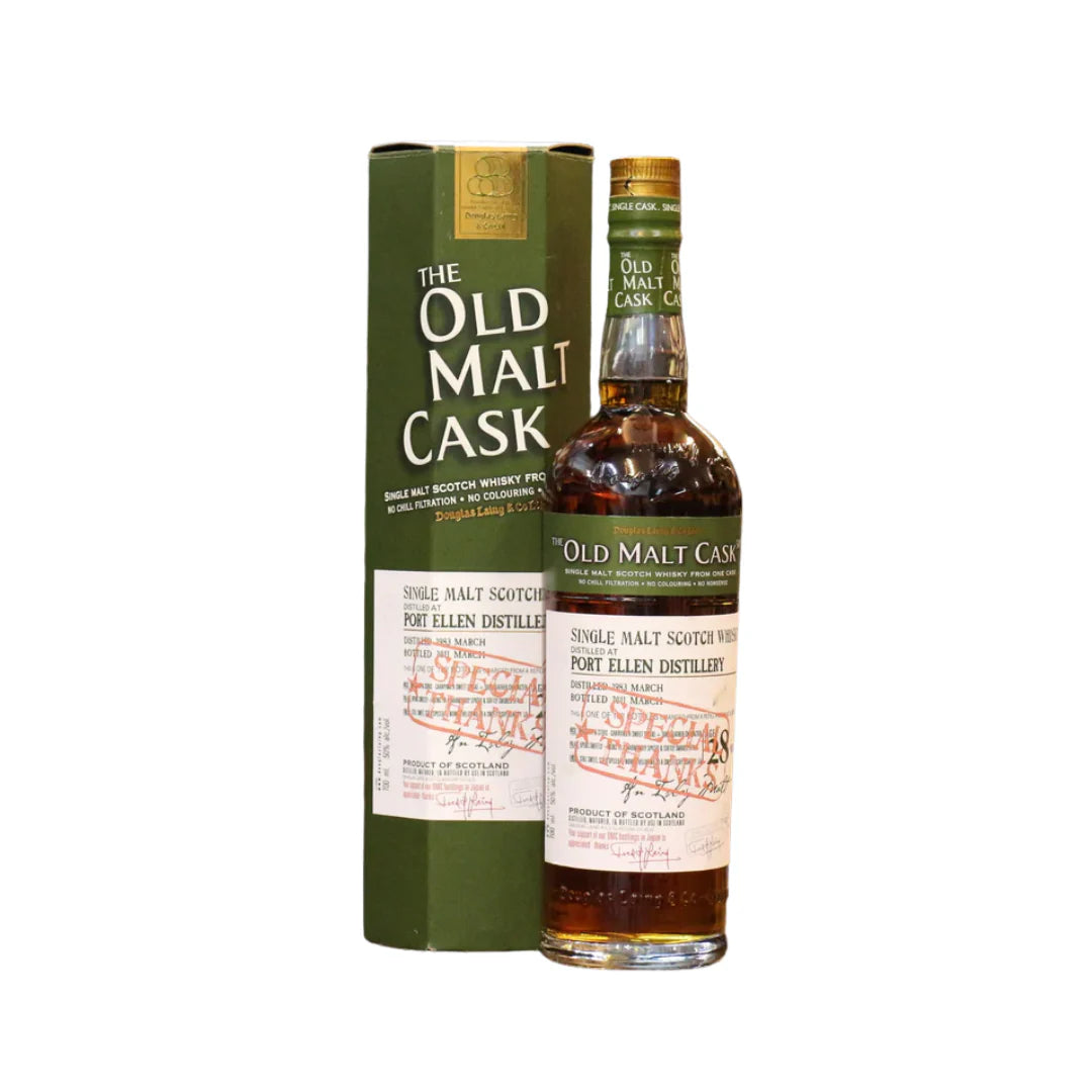 Region: Islay (Scotland)
Distillery: Port Ellen (Closed)
Age: 28 Years
ABV: 50%
Cask: Refill Sherry Hogshead
Size: 700 ml
This rare Port Ellen distilled in March 1983 (just prior to being closed in May 1983) was matured in a refill hogshead. About 162 bottles were released in March 2011 by Douglas Liang & Co under their Old Malt Cask range of bottlings.
Please note that there are some minor stains on the front label. Sold in "As Is" condition.