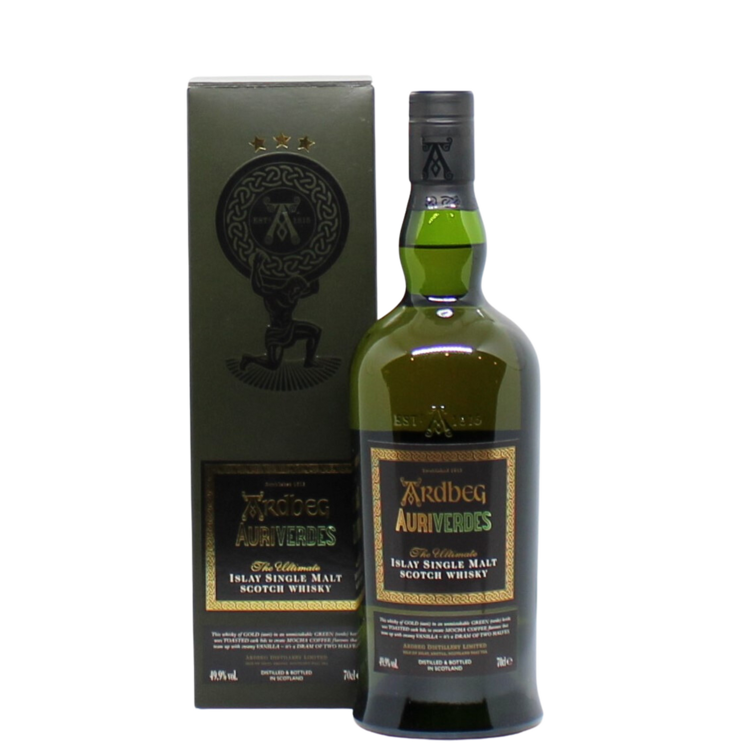 A 2002 Vintage Single Malt Whisky from Ardbeg matured in American Oak Casks and released for Feis Ile 2014. About 66,600 bottles were released. The name Auriverdes captures the imagery of the gold (auri) and green livery of Ardbeg's bottlings (verde) apart from being the colours of the Brazilian flag, home of the 2014 World Cup (Soccer)