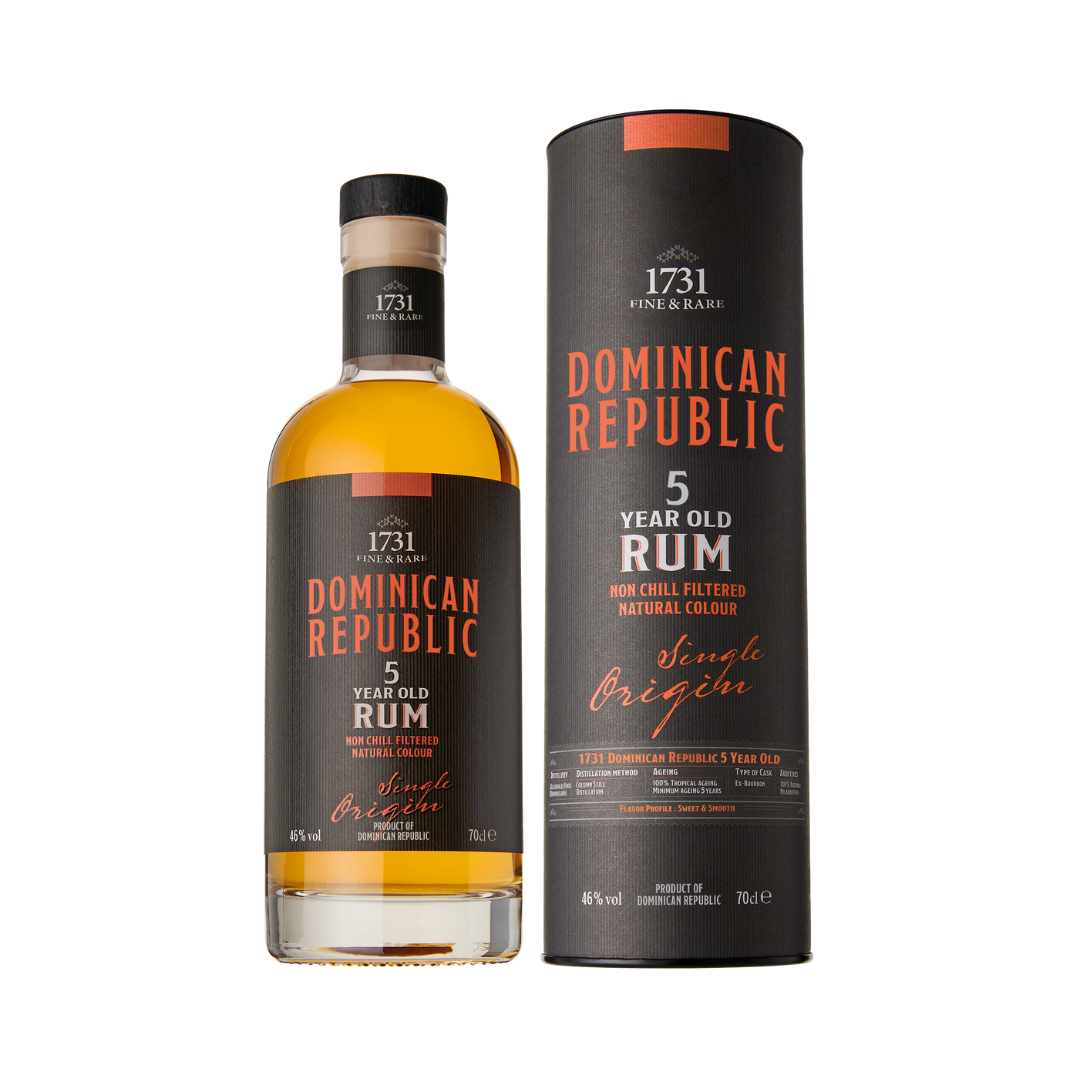 Dominican Republic 5 Y/O Single Origin Rum by 1731 Fine & Rare
Region: Dominican Republic

Distillery: Alcoholes Finos Dominicanos

Age: 5 Years

ABV: 46%

Size: 700 ml

The Dominican Republic 5 Year Old Single Origin Rum from 1731 Fine &amp; Rare is a premium tropical-aged rum that captures the rich and vibrant essence of its Caribbean homeland. This rum is aged for at least 5 years in oak barrels that previously held bourbon, enhancing its smooth, layered profile with a balance of fruit and spice. The tra
