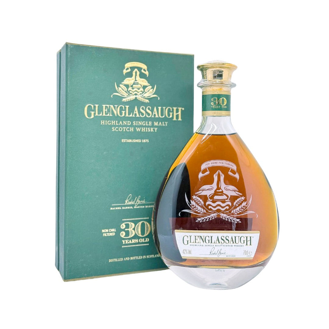 Glenglassaugh 30 Years Old is a premium Highland single malt Scotch whisky from the coastal Glenglassaugh distillery. This rare pre-closure bottling, distilled before the distillery mothballed in 1986, was matured for over 30 years in sherry butts. The bottle presented in a distinctive teardrop decanter.

The coastal Glenglassaugh distillery reopened in 2008 under a Russian-financed firm and is now operated by Brown-Forman, owners of Jack Daniel’s.