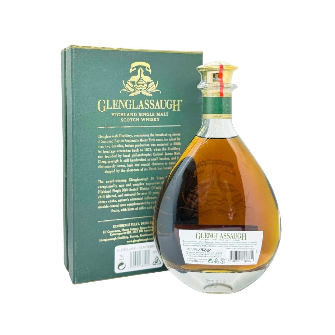 Glenglassaugh 30 Years Old is a premium Highland single malt Scotch whisky from the coastal Glenglassaugh distillery. This rare pre-closure bottling, distilled before the distillery mothballed in 1986, was matured for over 30 years in sherry butts. The bottle presented in a distinctive teardrop decanter.

The coastal Glenglassaugh distillery reopened in 2008 under a Russian-financed firm and is now operated by Brown-Forman, owners of Jack Daniel’s.