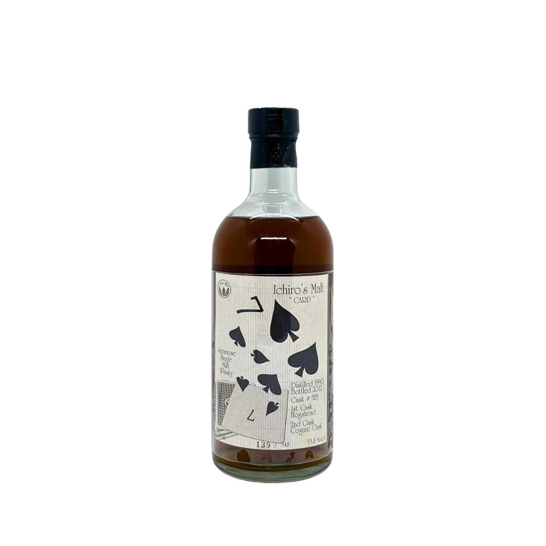 Ichiro’s Malt Hanyu Card Series “Six of Hearts” is a rare Japanese single malt whisky from the closed Hanyu distillery, distilled in 1991 and bottled in 2012. &nbsp;It was matured in a hogshead and finished in a Cognac Cask (cask no. 525), with only 348 bottles released, making it a sought-after collector’s item.&nbsp; It received 87.4 points on Whiskybase.