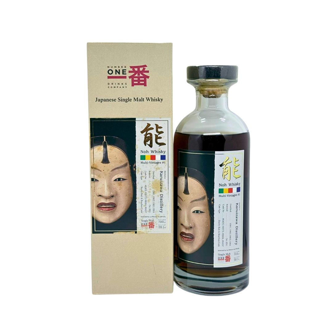 Karuizawa Multi-Vintages #1 Noh Whisky is a rare Japanese single malt from the closed Karuizawa distillery, a vatting of four casks (sherry butts and bourbon barrels) distilled in 1981, 1982, 1983, and 1984 (casks #6405, #4973, #8184, #6437), and bottled in October 2011. Only 1,500 bottles released. It received 92 Points &amp; 5 Stars on Whiskyfun.