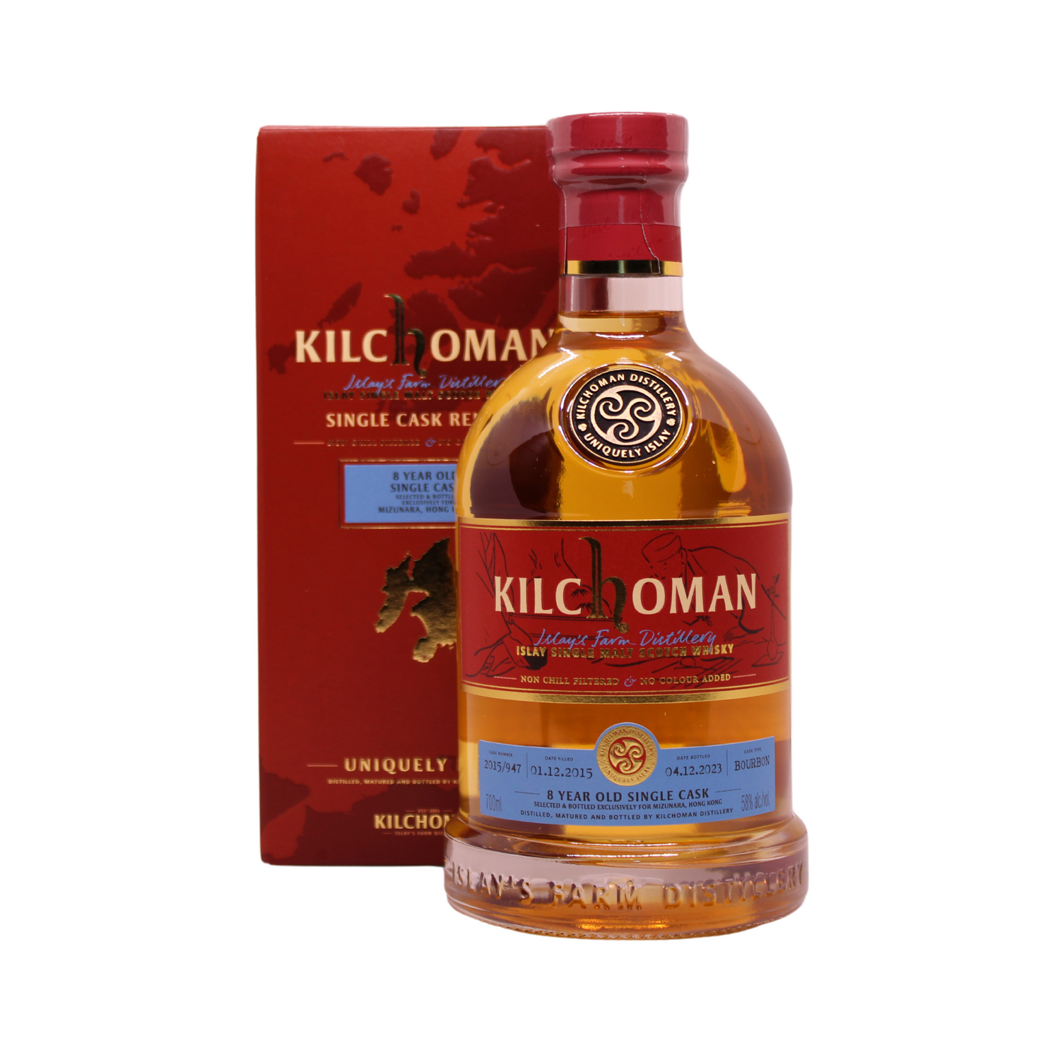 Region: Islay, Scotland

Distillery: Kilchoman - Islay's Farm Distillery

Age: 8 Years Old

ABV: 58% (Natural Cask Strength)

Cask: Bourbon

Size: 700 ml

Limited Edition: 257 bottles

Selected by (and bottled exclusively for) MIZUNARA in Hong Kong, this non-chill filtered whisky has been matured in a fresh Bourbon cask 