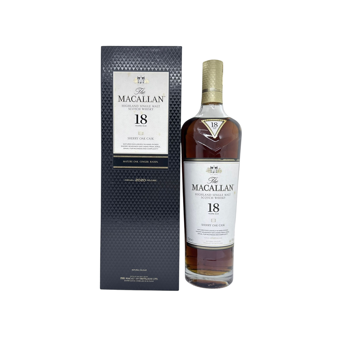 A bottle of The Macallan 18 Year Old Single Malts Scotch Whisky next to its dark navy blue packaging box, set against a plain white background.