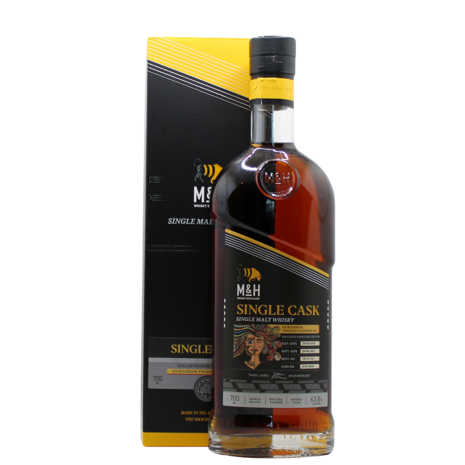 A Single cask selected by Mizunara, HK. In a marriage of casks between a 1st fill ex-bourbon barrel (char level 3) for 2 years and 10 months and a 1st fill ex-PX sherry hogshead (char level 3) for a further 5 months. Distilled from a single Concerto variety of unpeated barley (grown/malted in England), the cask was filled on 25/03/2018 at 64.5% ABV and matured in a natural environment at M&H’s Jaffa warehouse. 