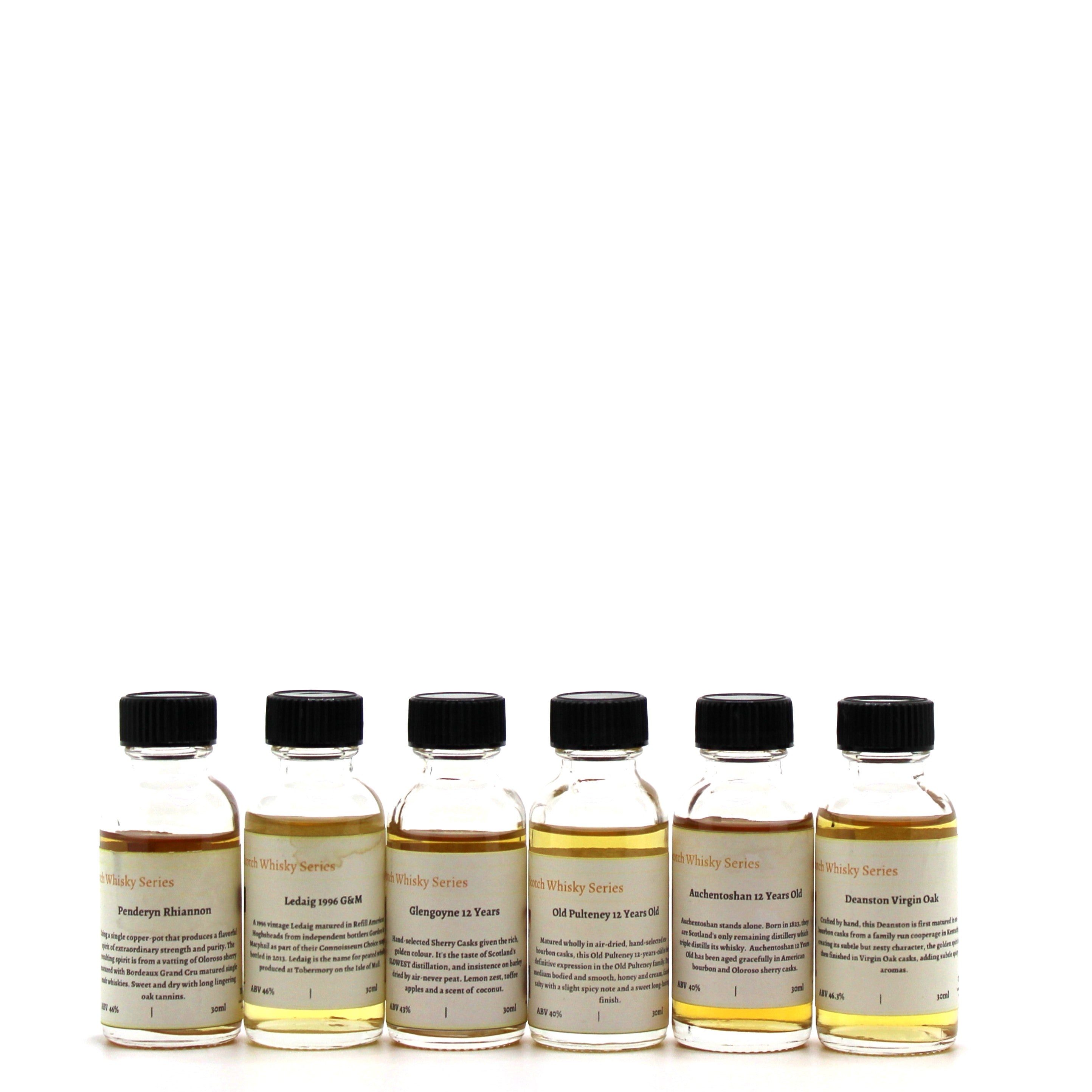 A combination of Whiskies from Scotland and Wales allowing an experience across six different whiskies for a Whisky Lover, which are now available in this unique Tasting Set. This set includes the following:  Penderyn Rhiannon Welsh Single Malt Whisky | ABV 46%  Ledaig 1996 by Gordon &amp; MacPhail | ABV 46%  Glengoyne 12 Years Old | ABV 43%  Old Pulteney 12 Years Old | ABV 40%  Auchentoshan 12 Years Old | ABV 40%   Deanston Virgin Oak |ABV 46.3%