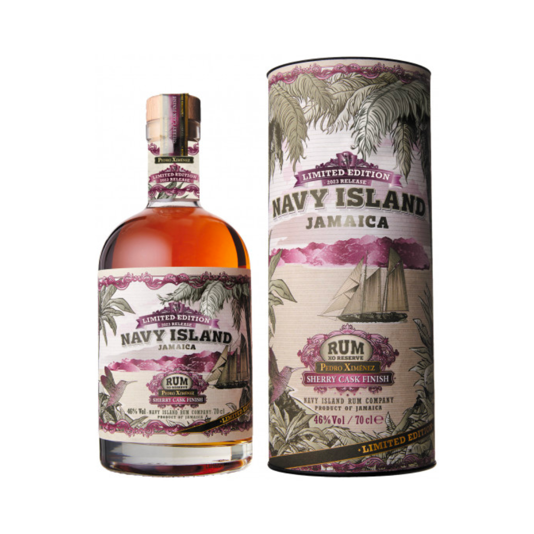 Navy Island PX Sherry Cask Finish Jamaican Rum
Region: Jamaica

Distillery: Various

Age: NAS

ABV: 46%

Size: 700 ml

This Limited Edition 2022 bottling by Navy Island was allowed to mature for more than 6 months in former PX sherry casks, resulting in a slightly sweeter and fruitier aroma that enhances the rum’s character. The PX cask finish adds complexity and depth to the spirit, making it a unique expression in the Navy Island range.