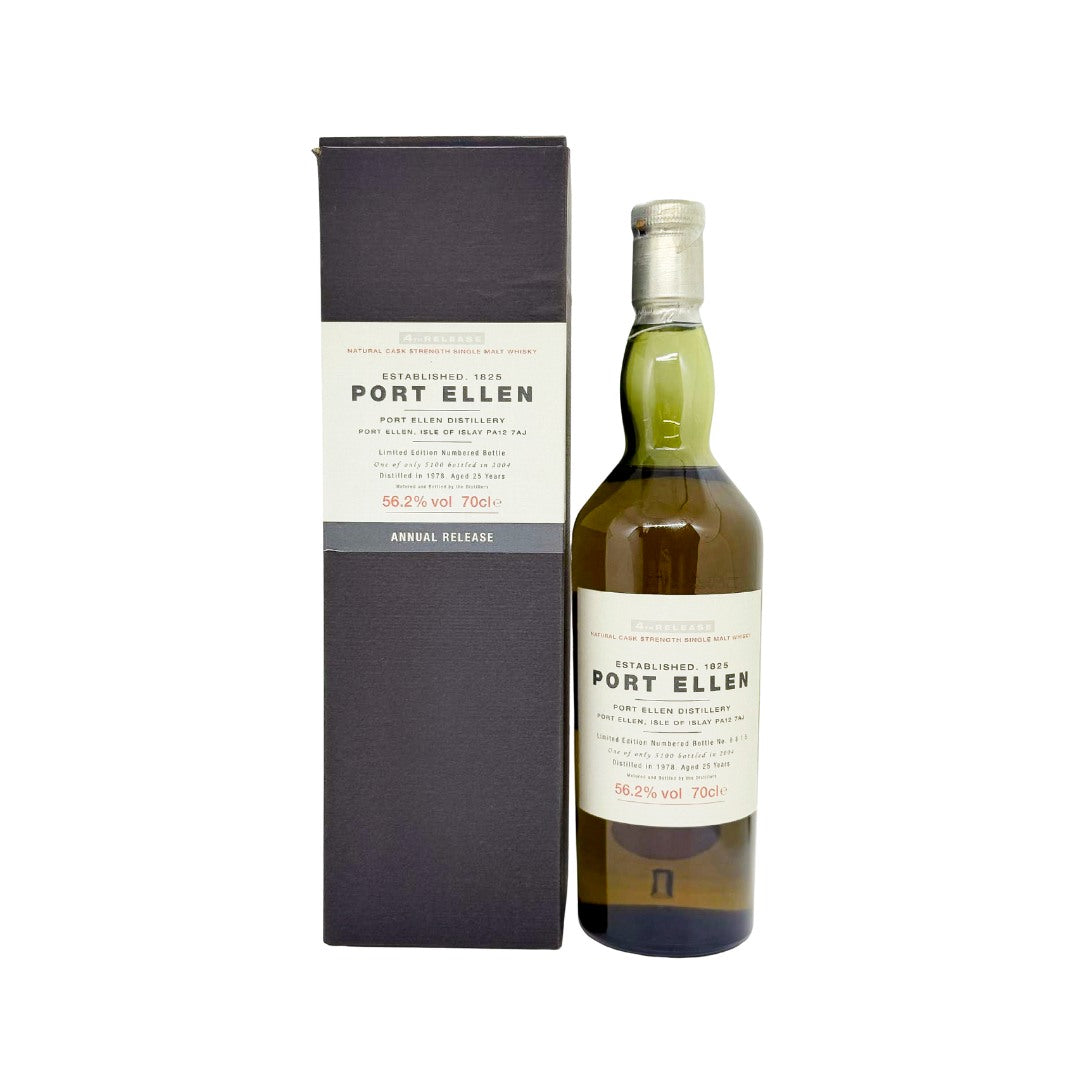 Port Ellen’s Annual Releases series comprises 17 highly collectible single malts from the silent Islay distillery, released by Diageo within their Special Releases from 2001 to 2017. The fourth release, distilled in 1978 and matured for 25 years, draws from post-closure warehouse stocks after the distillery shuttered in 1983; it was bottled cask-strength in 2004 at 56.2% ABV, with just 5,100 bottles produced. These editions remain highly sought-after among collectors.