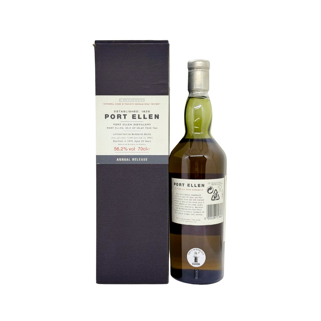 Port Ellen’s Annual Releases series comprises 17 highly collectible single malts from the silent Islay distillery, released by Diageo within their Special Releases from 2001 to 2017. The fourth release, distilled in 1978 and matured for 25 years, draws from post-closure warehouse stocks after the distillery shuttered in 1983; it was bottled cask-strength in 2004 at 56.2% ABV, with just 5,100 bottles produced. These editions remain highly sought-after among collectors.