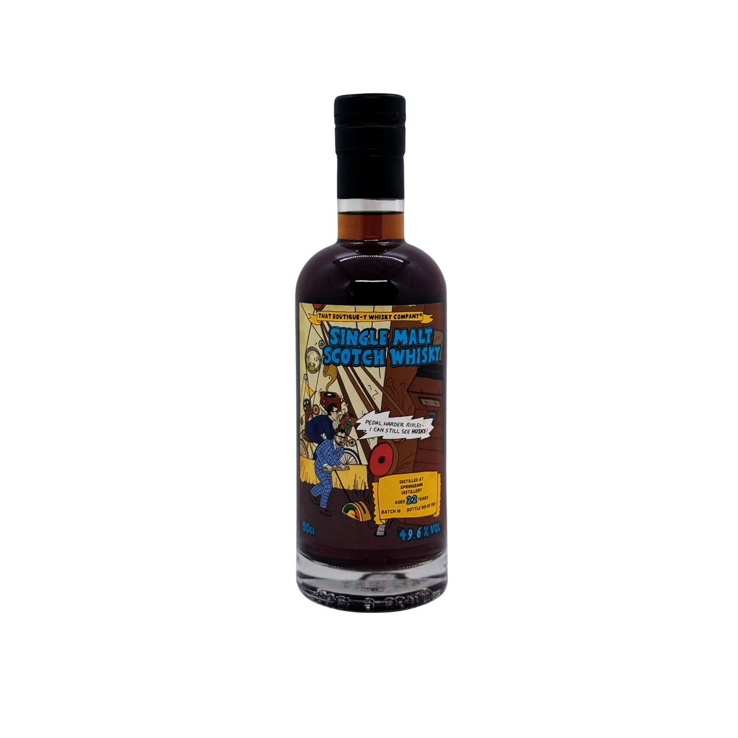 This is the Batch 16 from Independent Bottler "That Boutique-Y Whisky Company" from Springbank. 987 bottles were released in 2018. The label features industry figures Neil Ridley and Joel Harrison working the old Porteus mill at Springbank.

Nose: Rich oak, cocoa, black cherries, and toasted oats Taste: Smooth toffee, tropical fruit notes, and warm cinnamon Finish: Dry, oaty tail with roasted nuts and a subtle hint of burnt rubber (Tasting Notes from Bottler)