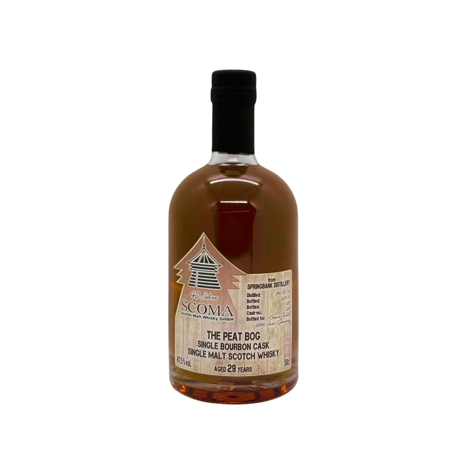 Titled "The Peat Bog" this Springbank has been bottled for the 40th Anniversary of SCOMA, Germany. This is a 29 year old Single Bourbon Cask bottled at 47.5%. 239 Bottles were released. Rated 89+ on Whisky Base&nbsp;

A classic and complex Springbank with light peat smoke, oily, reminding one of an old dunnage warehouse balanced with some fruit and honeyed sweetness. The palate is&nbsp; complex and offers layers of honey, maritime peat, some oak spices and warm smoke.

No Box Available. Sold in "As Is" Cond