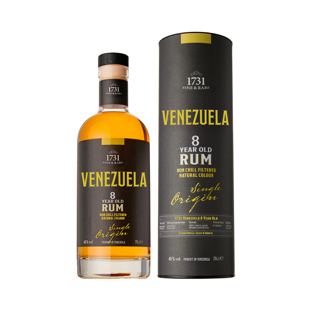 Venezuela 8 Y/O Single Origin Rum by 1731 Fine & Rare
Region: Venezuela

Distillery: Non-disclosed

Age: 8 Years

ABV: 46%

Size: 700 ml

The Venezuela 8 Single Origin Rum by 1731 Fine &amp; Rare is a meticulously crafted rum that highlights the unique character of its Venezuelan roots. Aged for a minimum of 8 years in oak barrels previously used for bourbon, this traditional Column Still rum captures the authentic flavors and rich heritage of Venezuela, offering a true taste of its terroir.