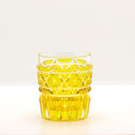 This beautiful hand cut glass in yellow, comes in a wooden gift box. Perfect for enjoying a glass of whisky either straight up or on the rocks!